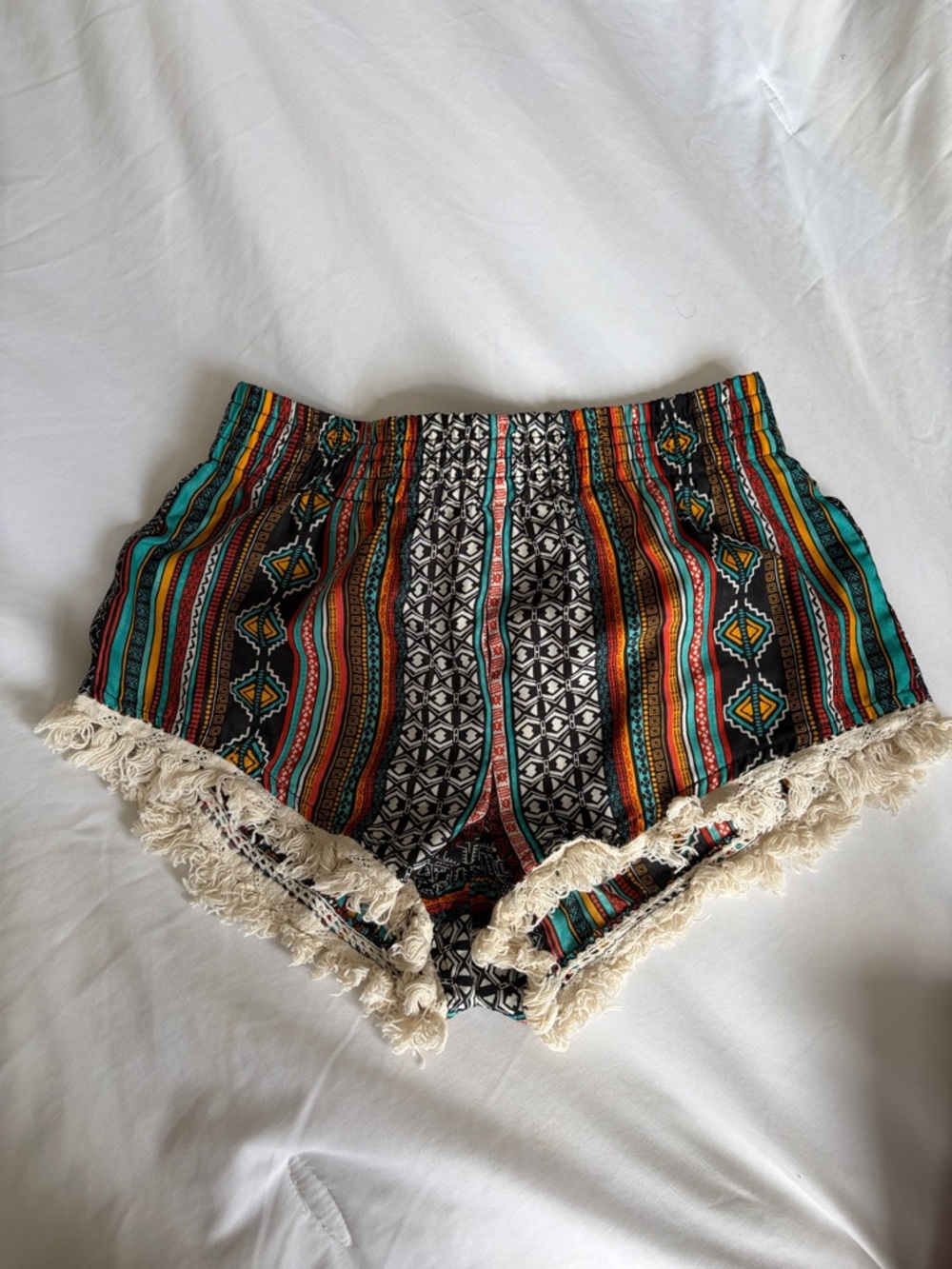 Women’s Multicolor Striped Athletic Shorts with Fringe Trim